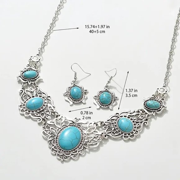 Bohemia Vintage Turquoise Necklace Earrings Jewelry Set Elegant Party Gift - Picture 2 of 5